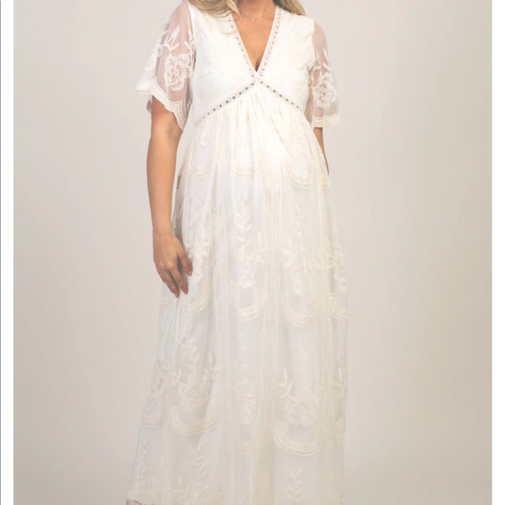 PinkBlush Cream Lace Mesh Overlay Maternity Maxi Dress - NEW
